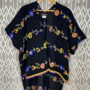 Poncho In Floral & Black Knit Wool & Acrylic Felted One Size Fits All Open Sides